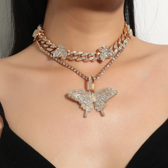 . Jewelry - 2 Piece Boho Womens Rhinestone Butterfly Charm Necklace